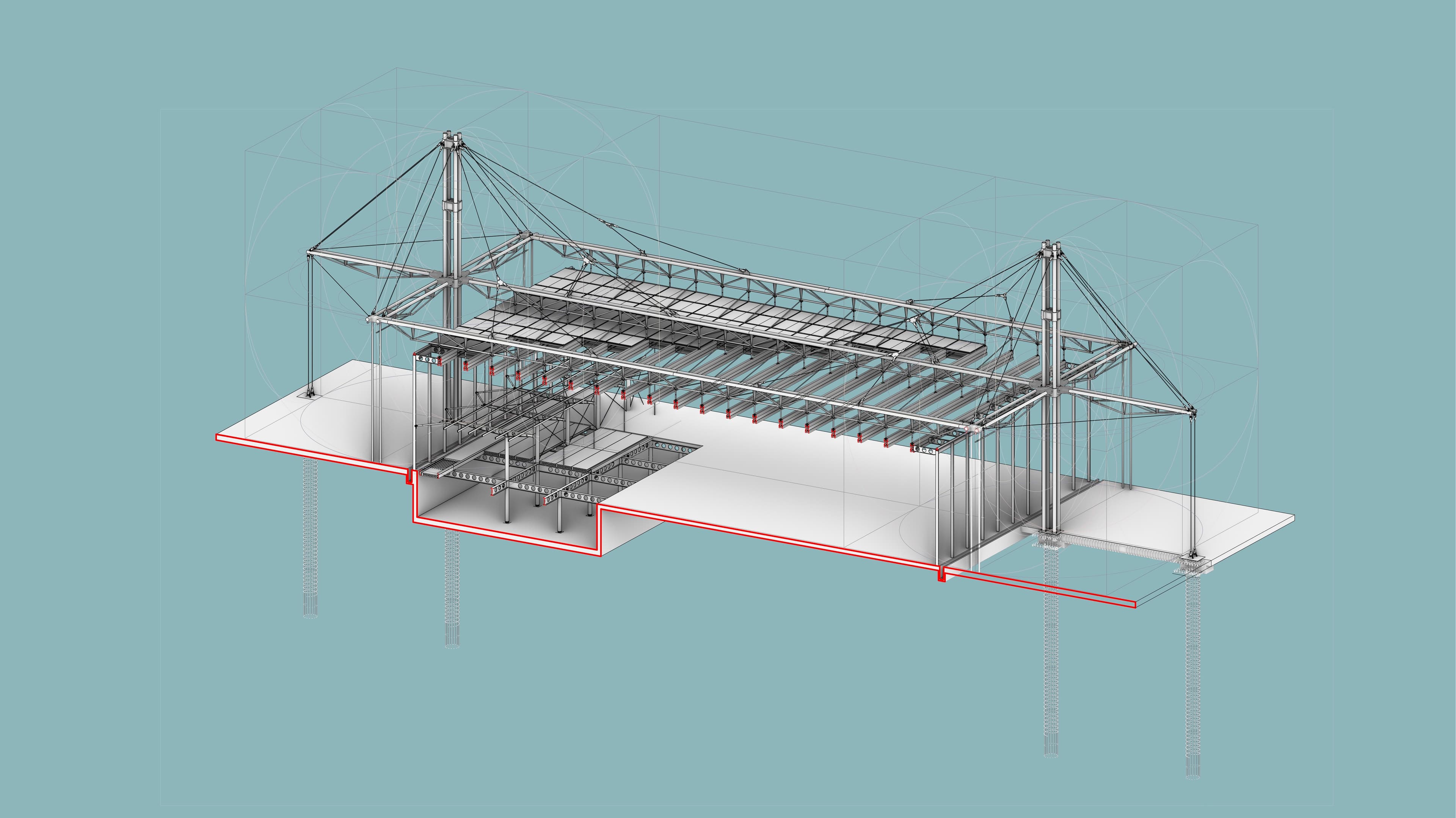 Full 3D truss structural module showing tie rods, roof suspension, and load path to foundations in Vigo pavilion