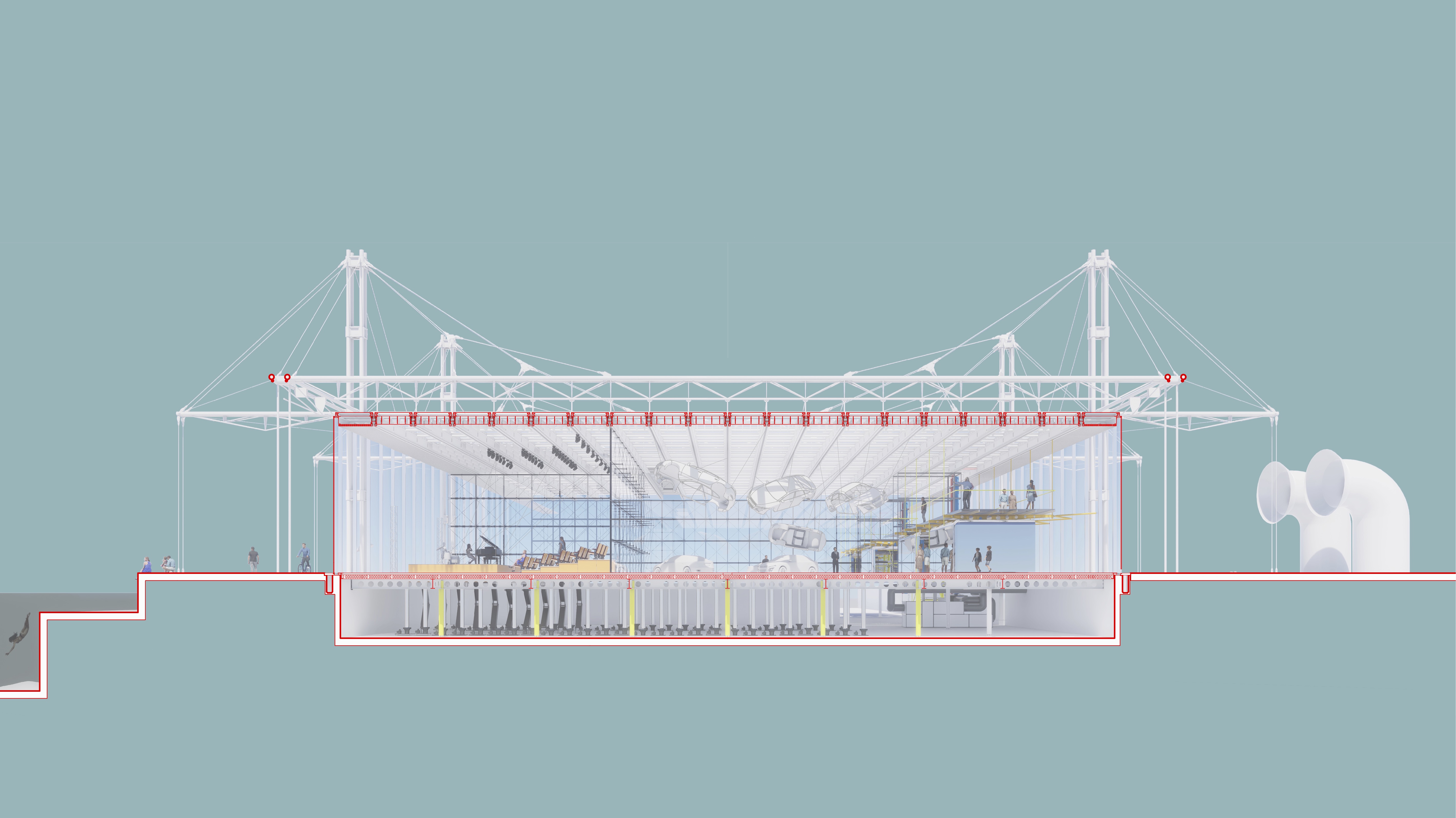 Exploded section of modular pavilion showing basement technical systems and dual-use interior spaces