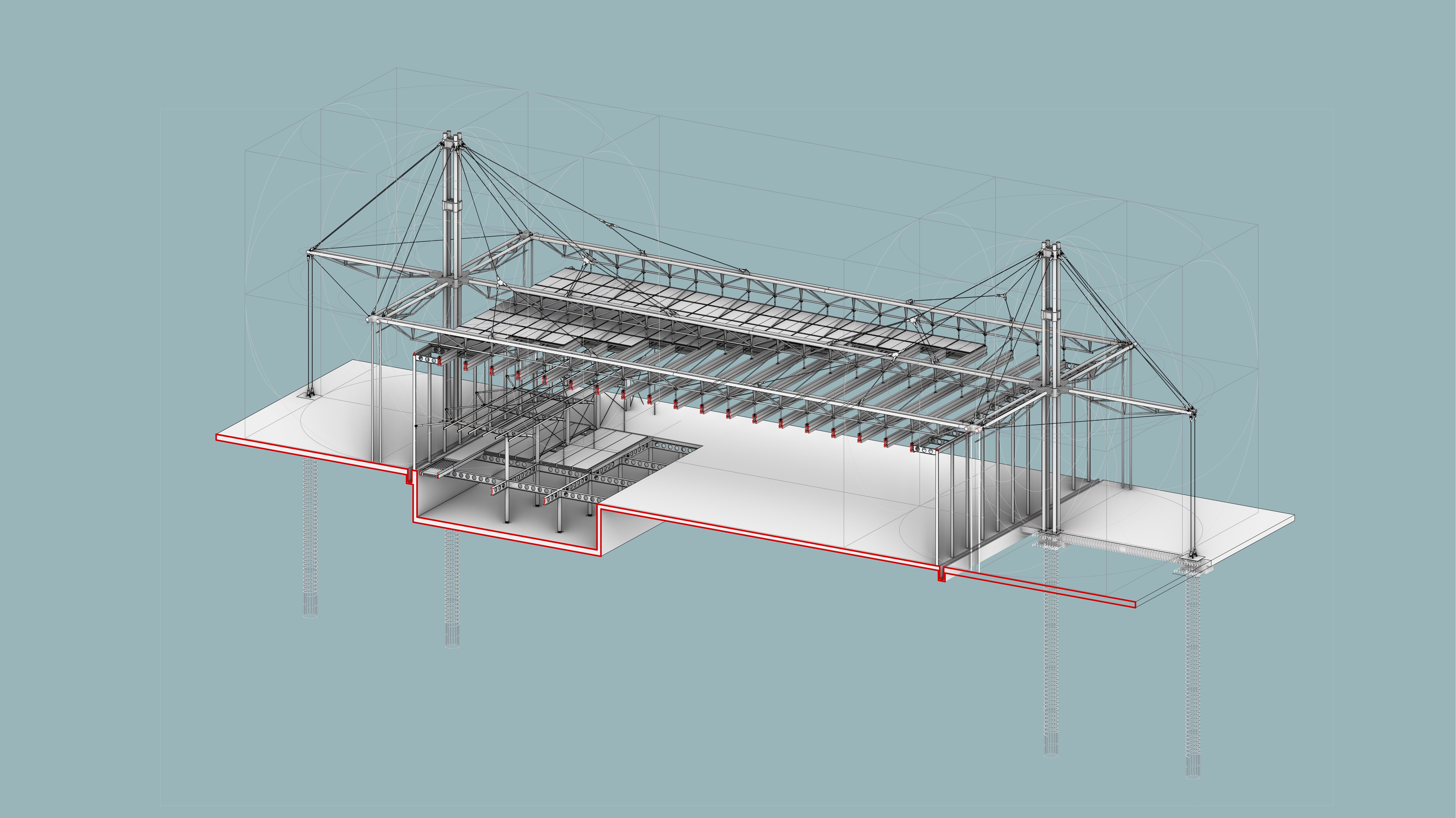 Structural section showing large-span steel truss and cable-stayed roof system of the pavilion