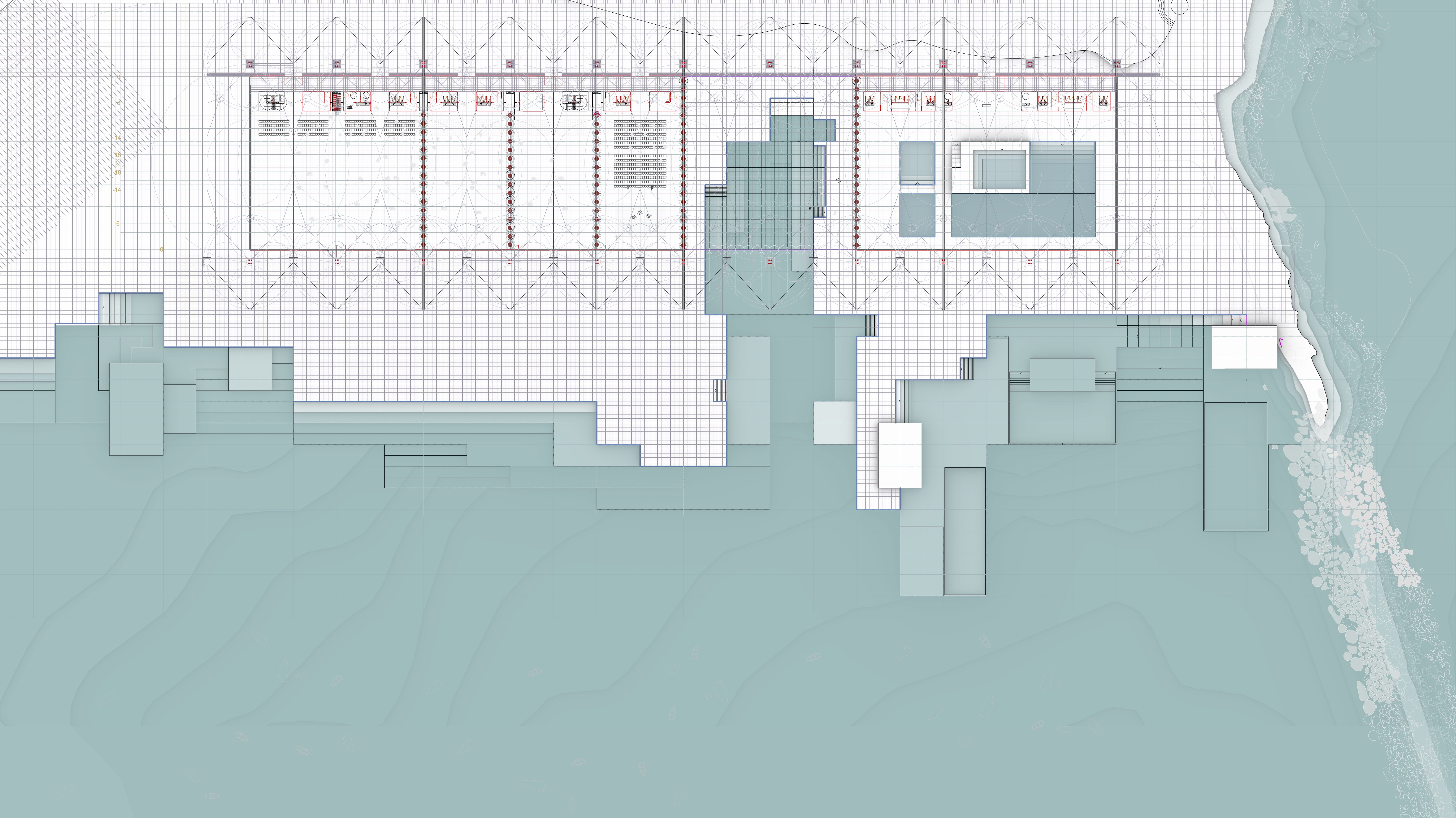 Floor plan showing platforms extending into the water and integrated indoor and outdoor pools