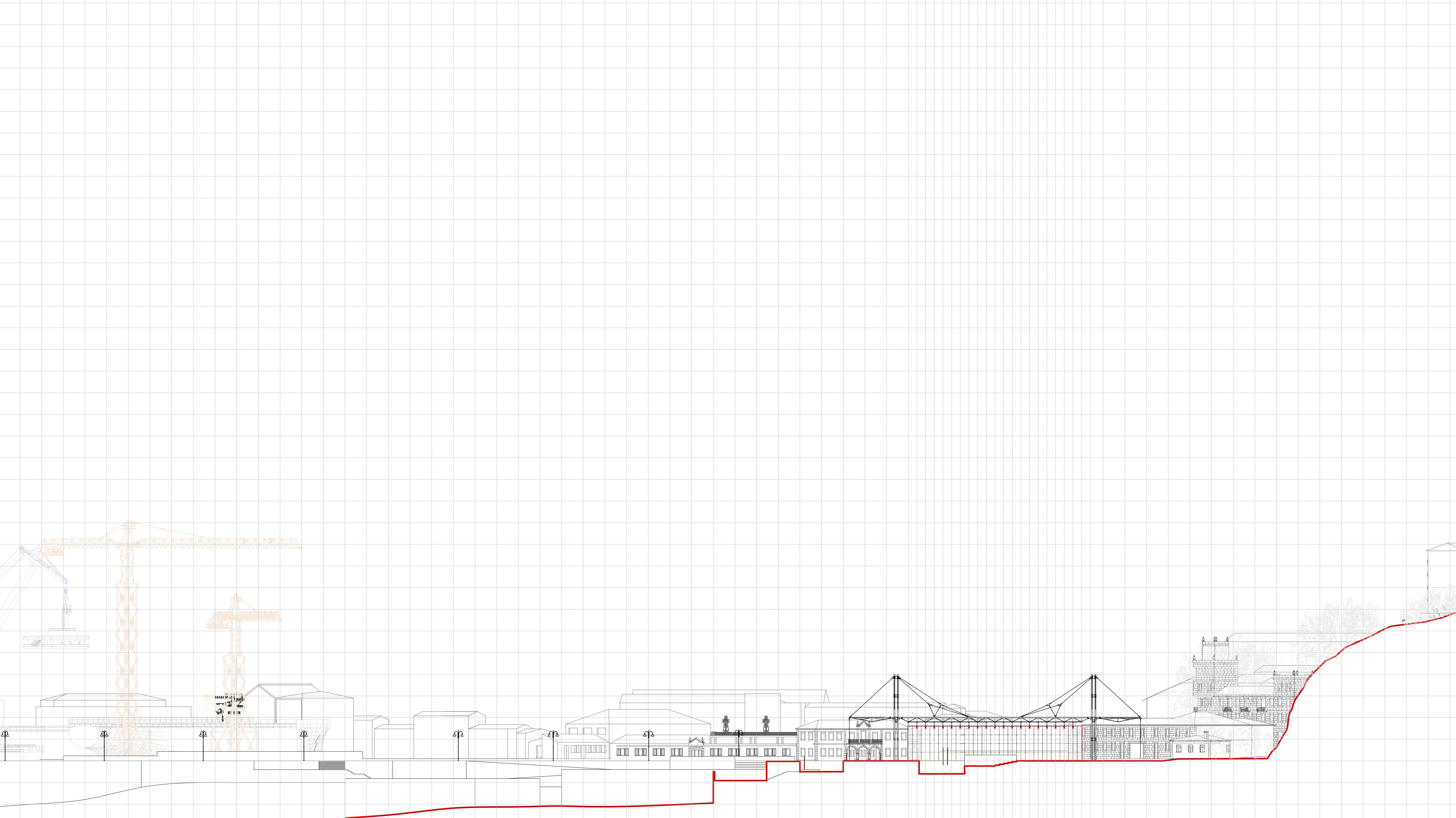 Long-distance section showing the pavilion in relation to cranes and industrial context of Vigo