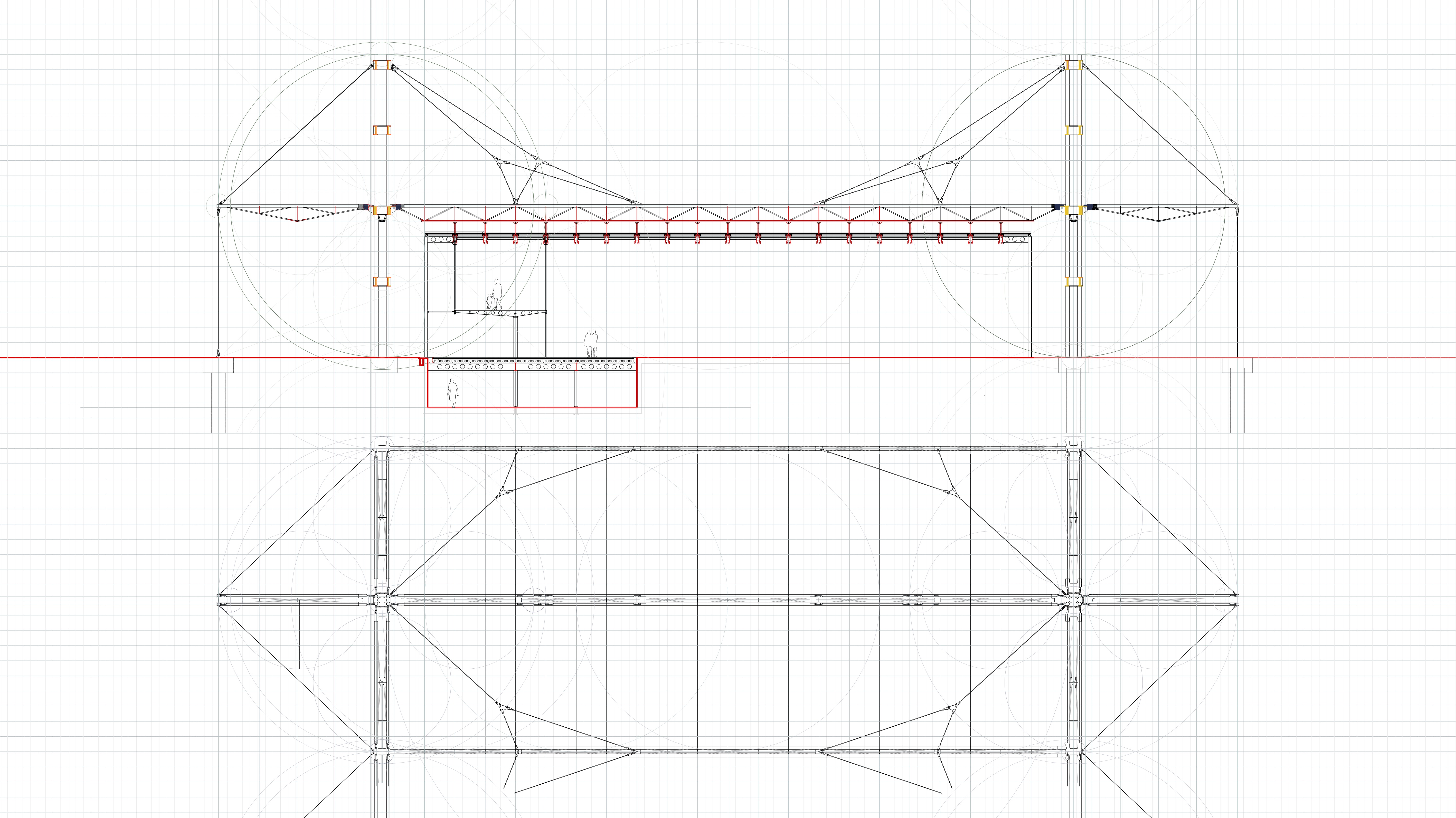 Plan and section drawings highlighting geometric rigor and spatial proportions of the pavilion