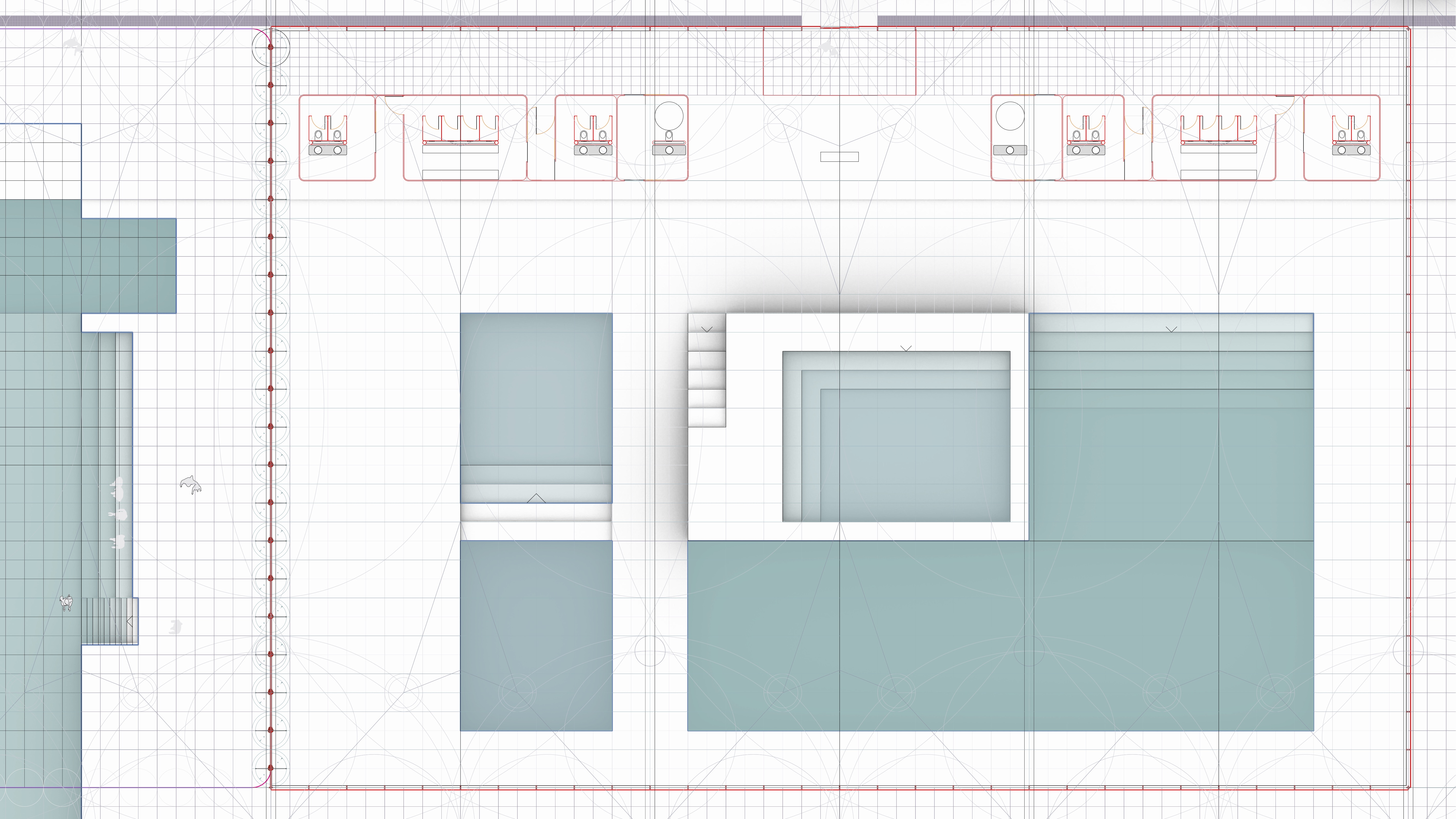 Detailed plan of thermal pools area showing cold, warm, and hot water zones and public access