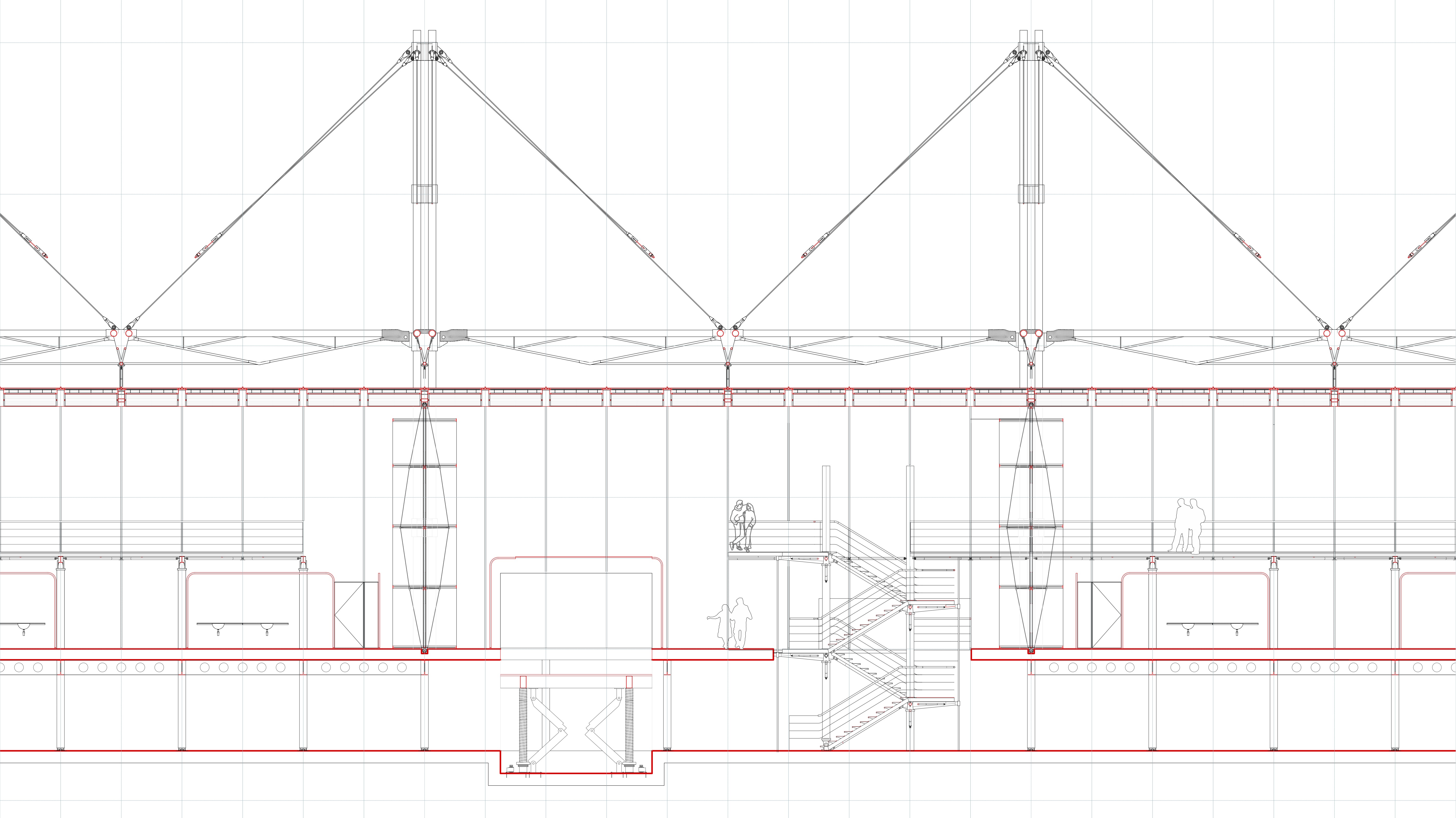 Vertical section showing circulation cores, elevators, stairs, and lightweight structural system