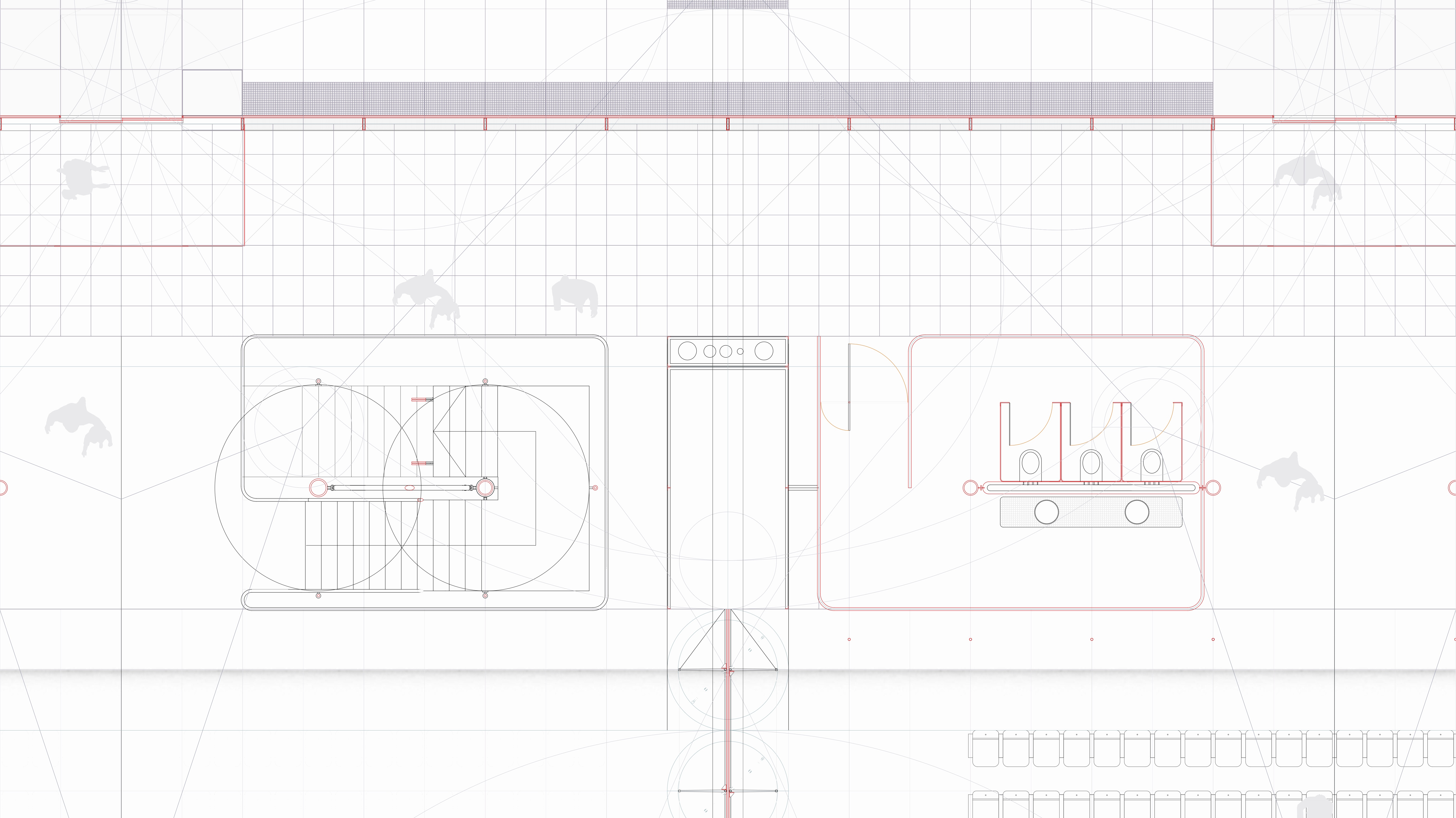 Close-up section detail of sanitary areas, staircases, and internal partitions