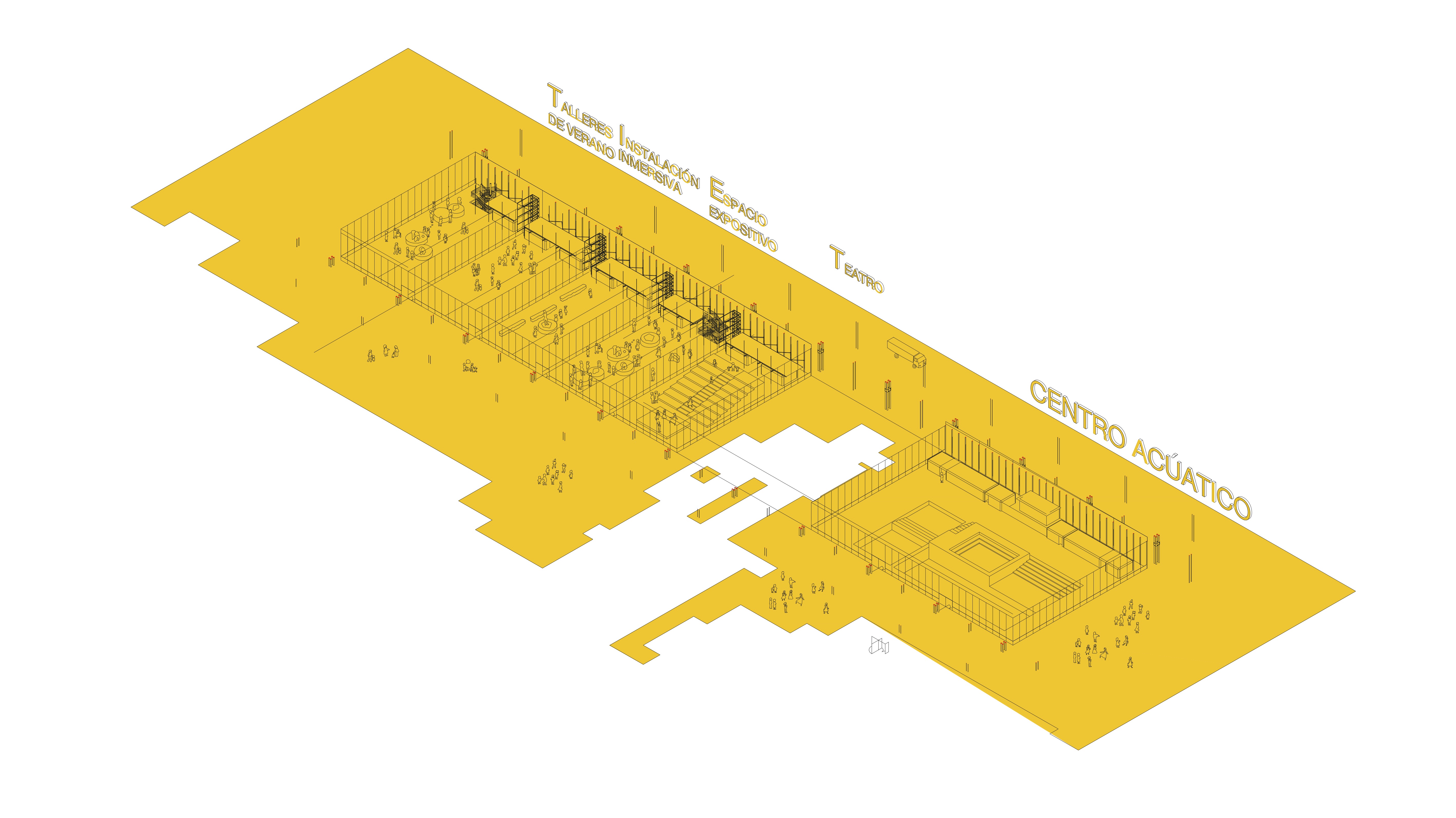 Programmatic diagram illustrating multiple uses including workshops, exhibitions, theater, and aquatic center