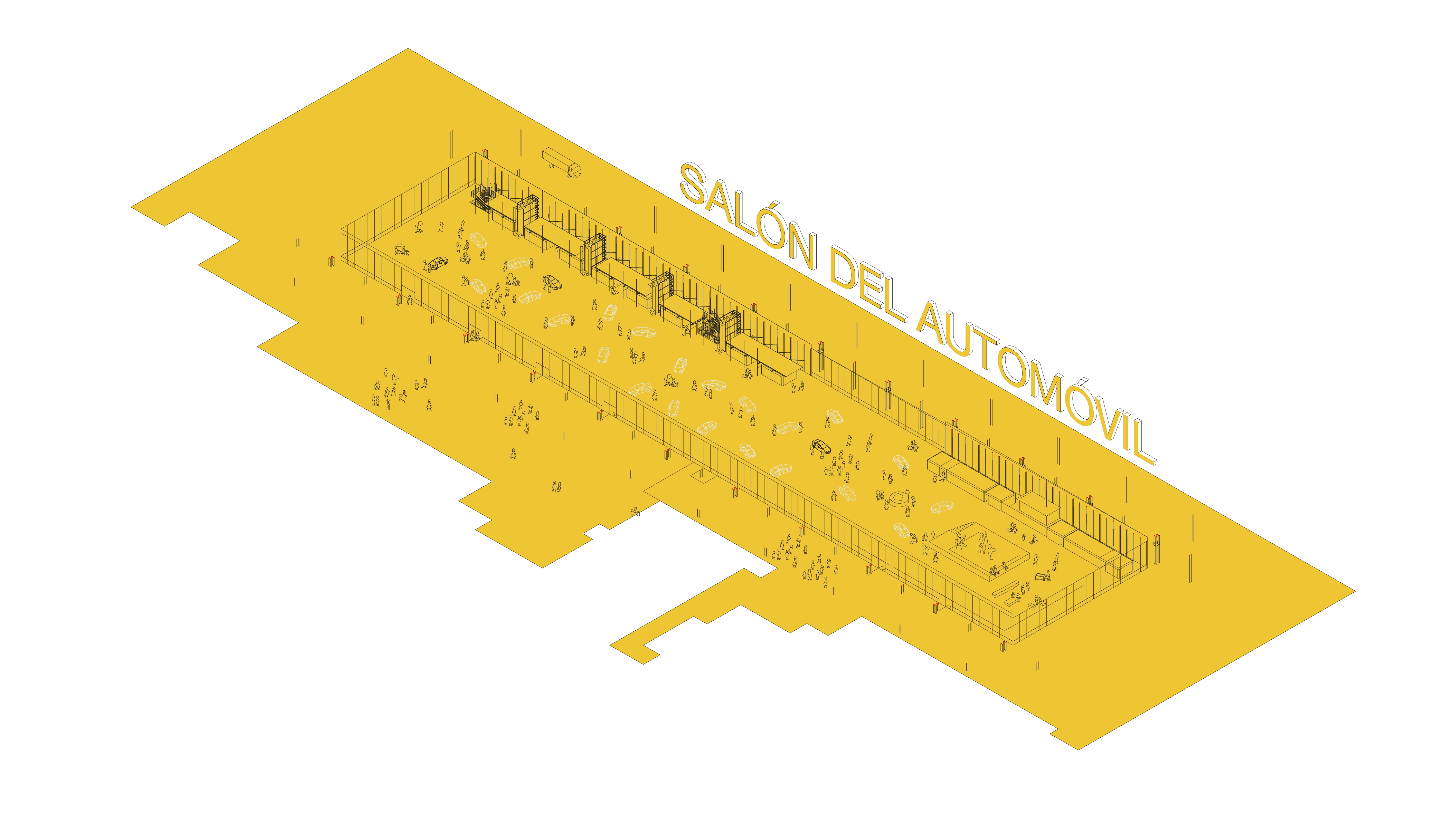 Programmatic transformation diagram showing the pavilion configured as a large open exhibition hall