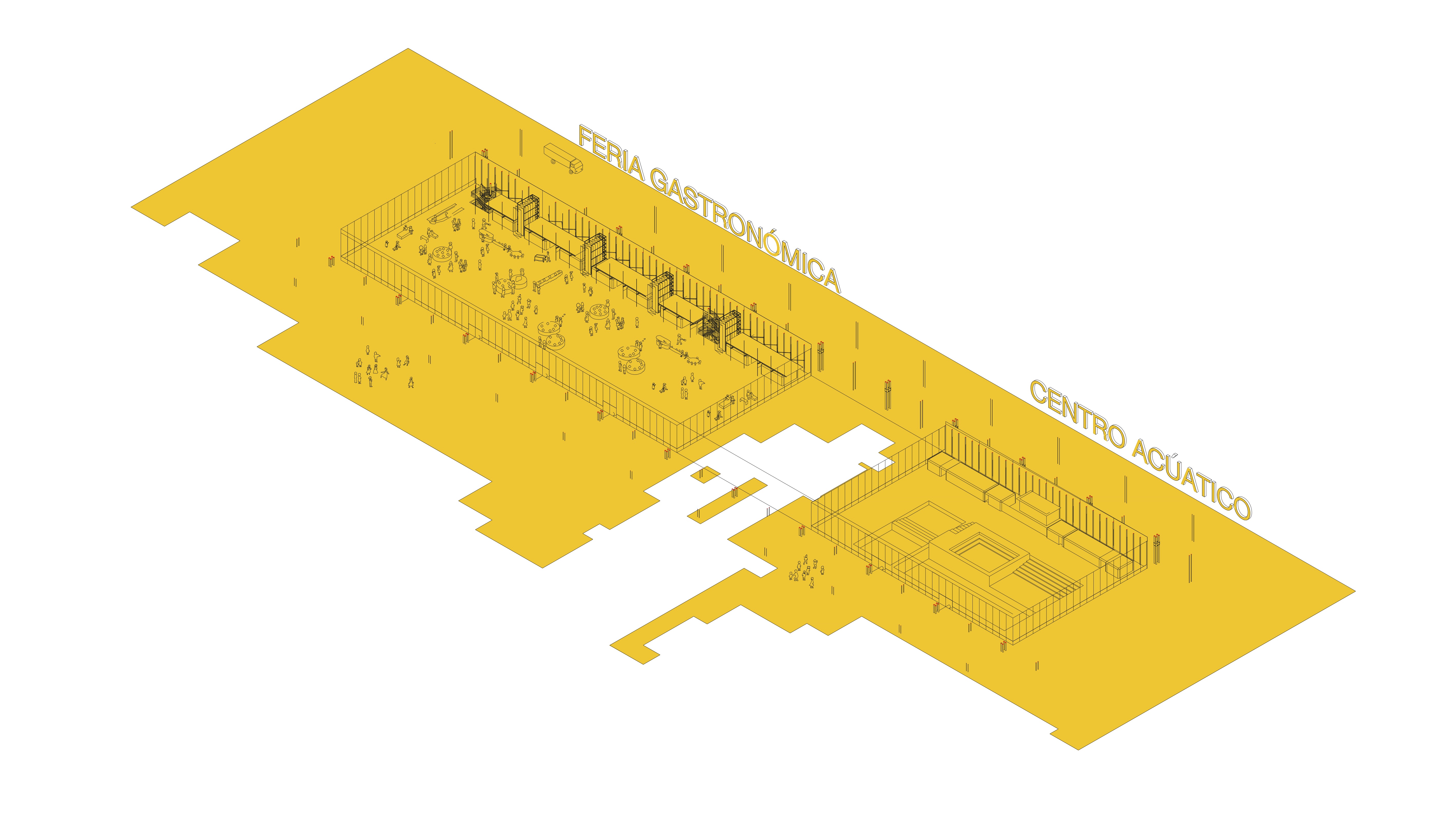 Diagram showing gastronomic fair and aquatic activities taking place simultaneously within the pavilion