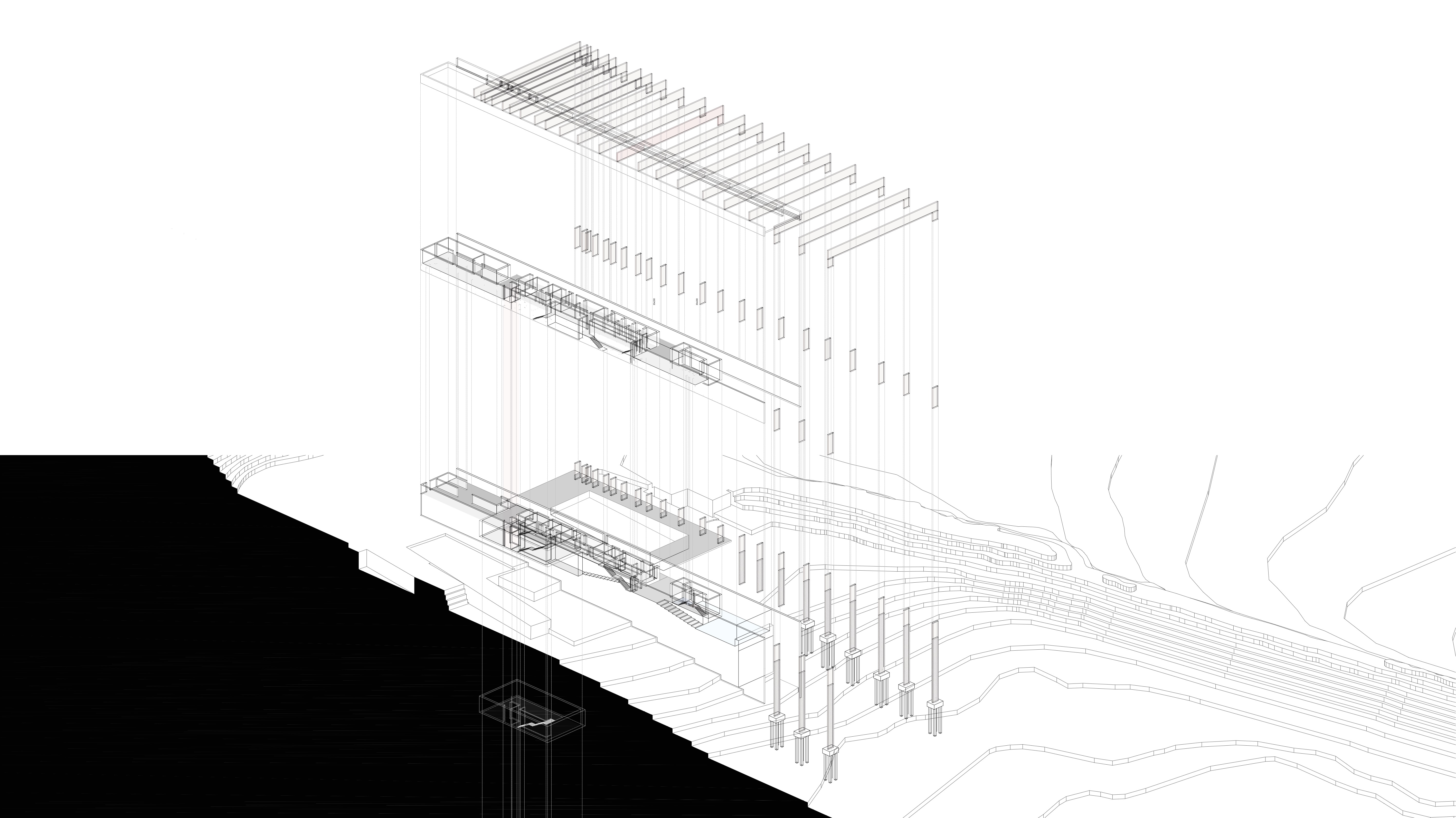 Plan and section drawings showing swimming pools, saunas, massage areas, and reinforced concrete frames embedded into the estuary edge