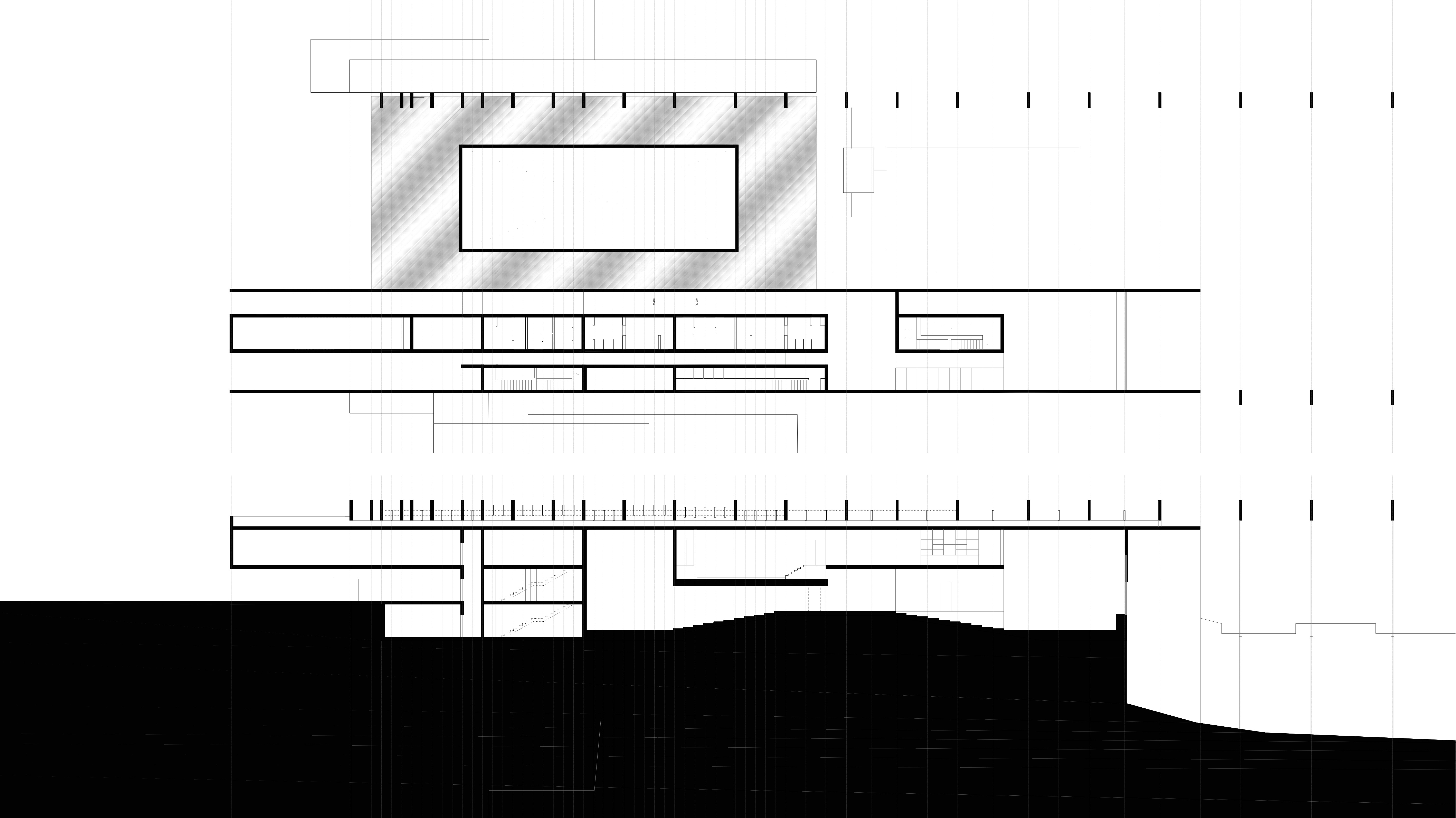 Transversal section of the swimming pool block highlighting reinforced concrete frames, structural depth, and dimensional annotations